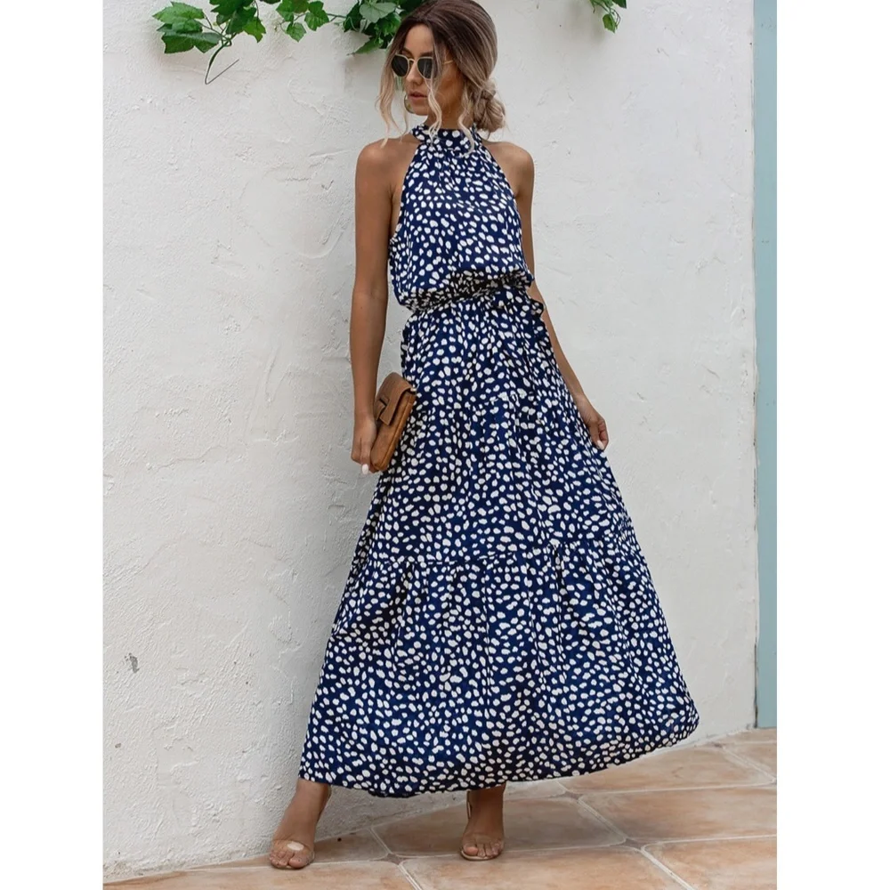 Spotted Print Maxi Dress Tie Belt High Neck - Picture 9 of 15